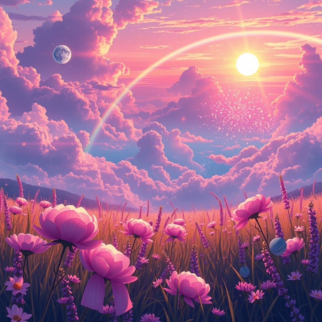 Whimsical Fairytale Meadow at Sunset