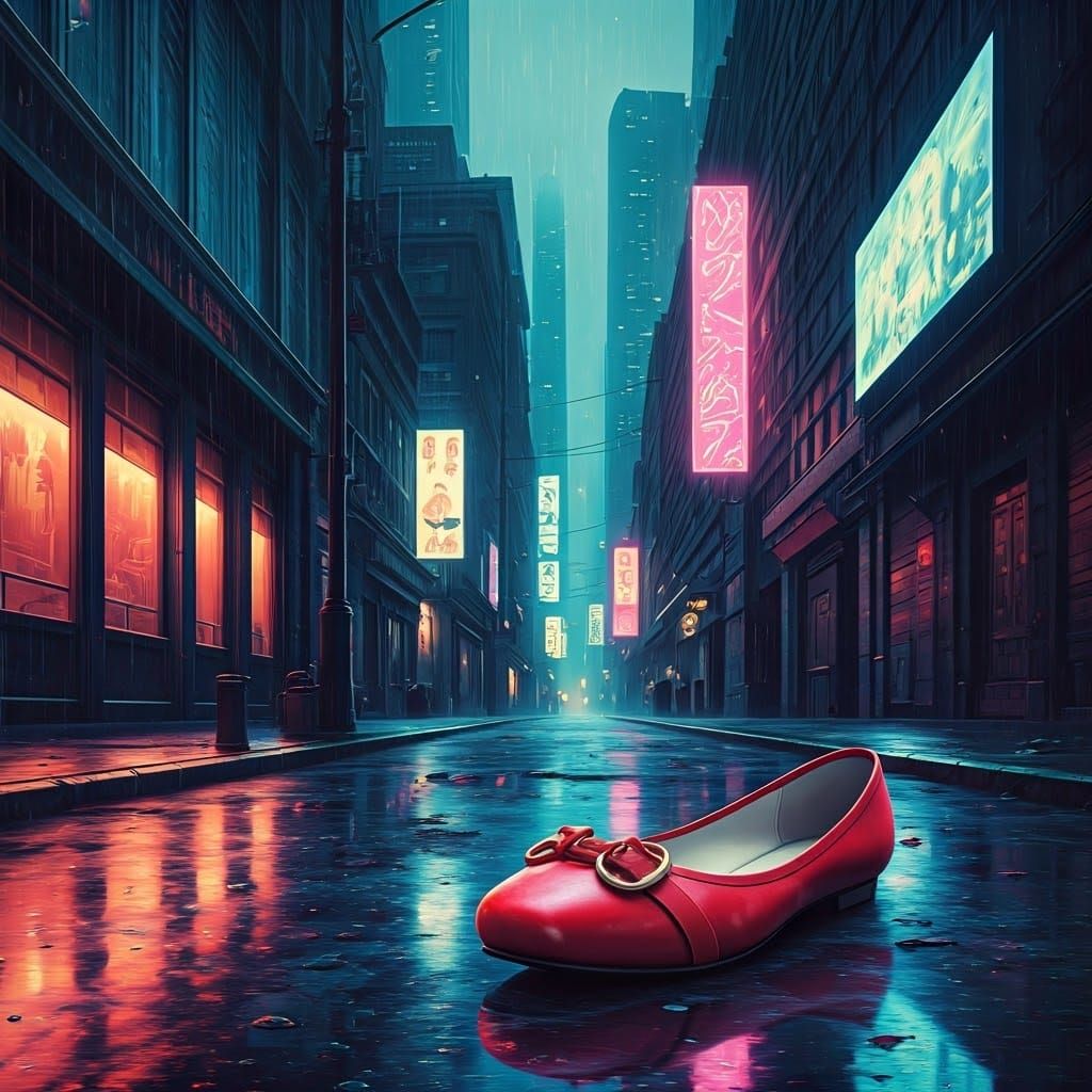 Red Ballet Flat on a Neon Metropolis Street