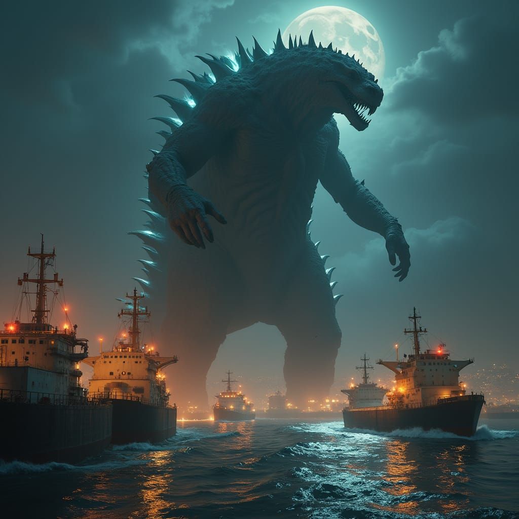 Giant Monster Invades Boston Harbor at Night