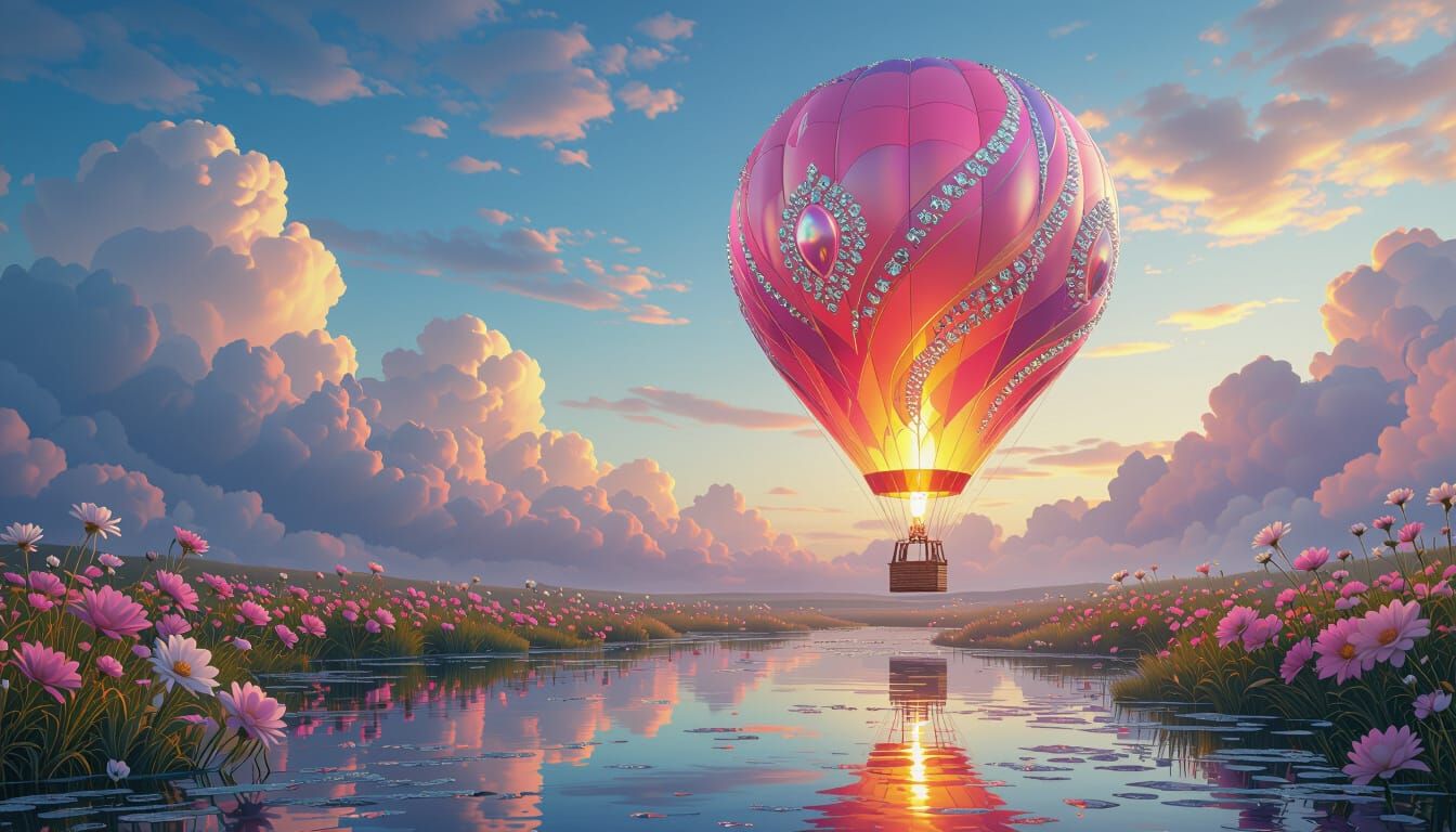 Rhinestone Hot Air Balloon over Iridescent Clouds