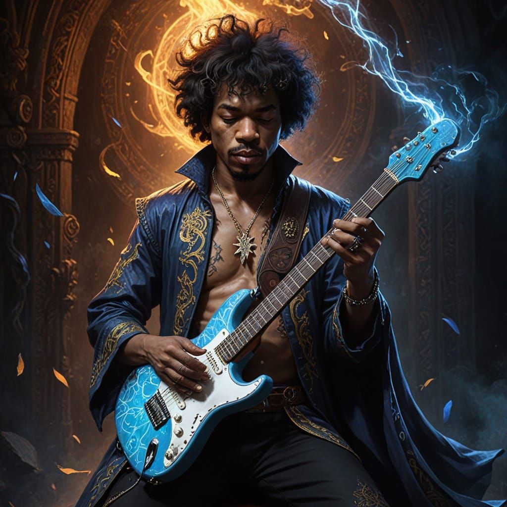 Jimi Hendrix as Wizard Conjuring Magic with Guitar