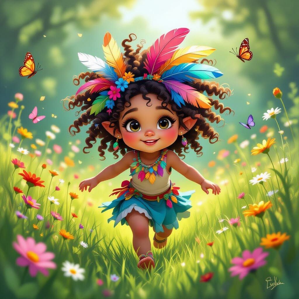 Baby Troll Girl Running Through Lush Meadow