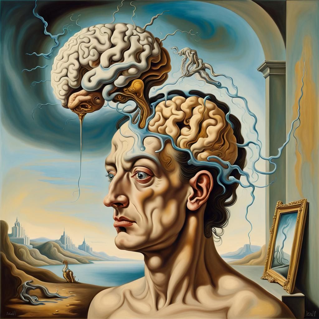 Surreal Psyche Shoveling Memories, Dali-esque Oil Painting