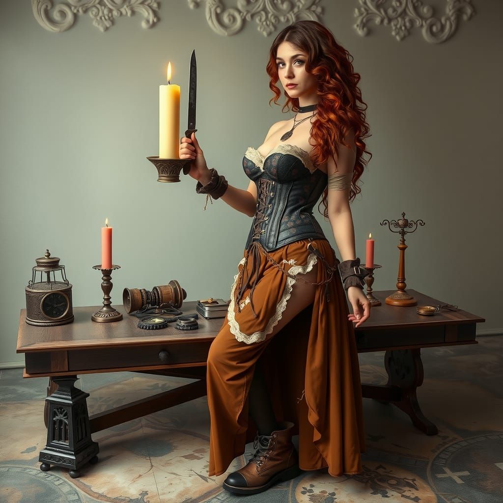 Steampunk Woman with Knife in Surreal Setting