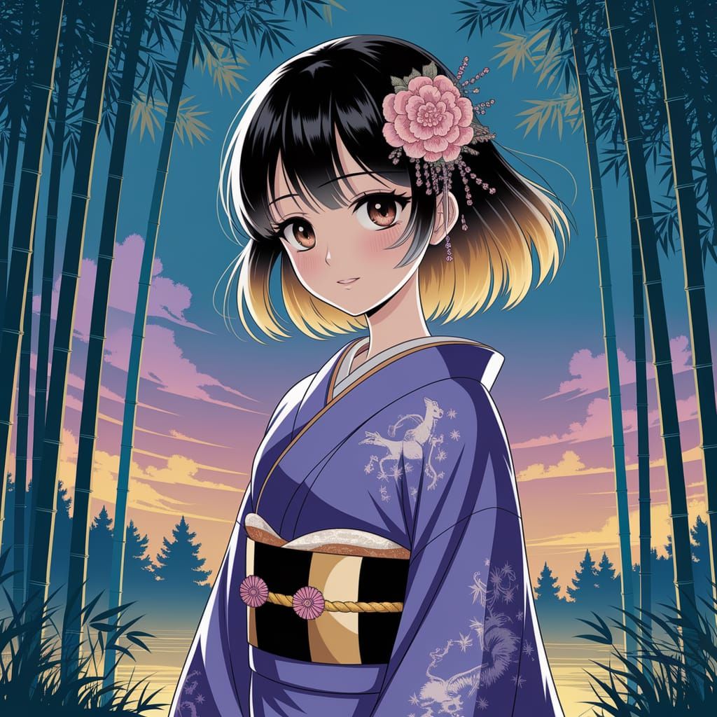 Anime Woman in Bamboo Forest at Twilight