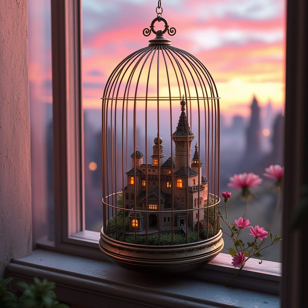 Miniature Cityscape in Glass Birdcage Over Alien Landscape