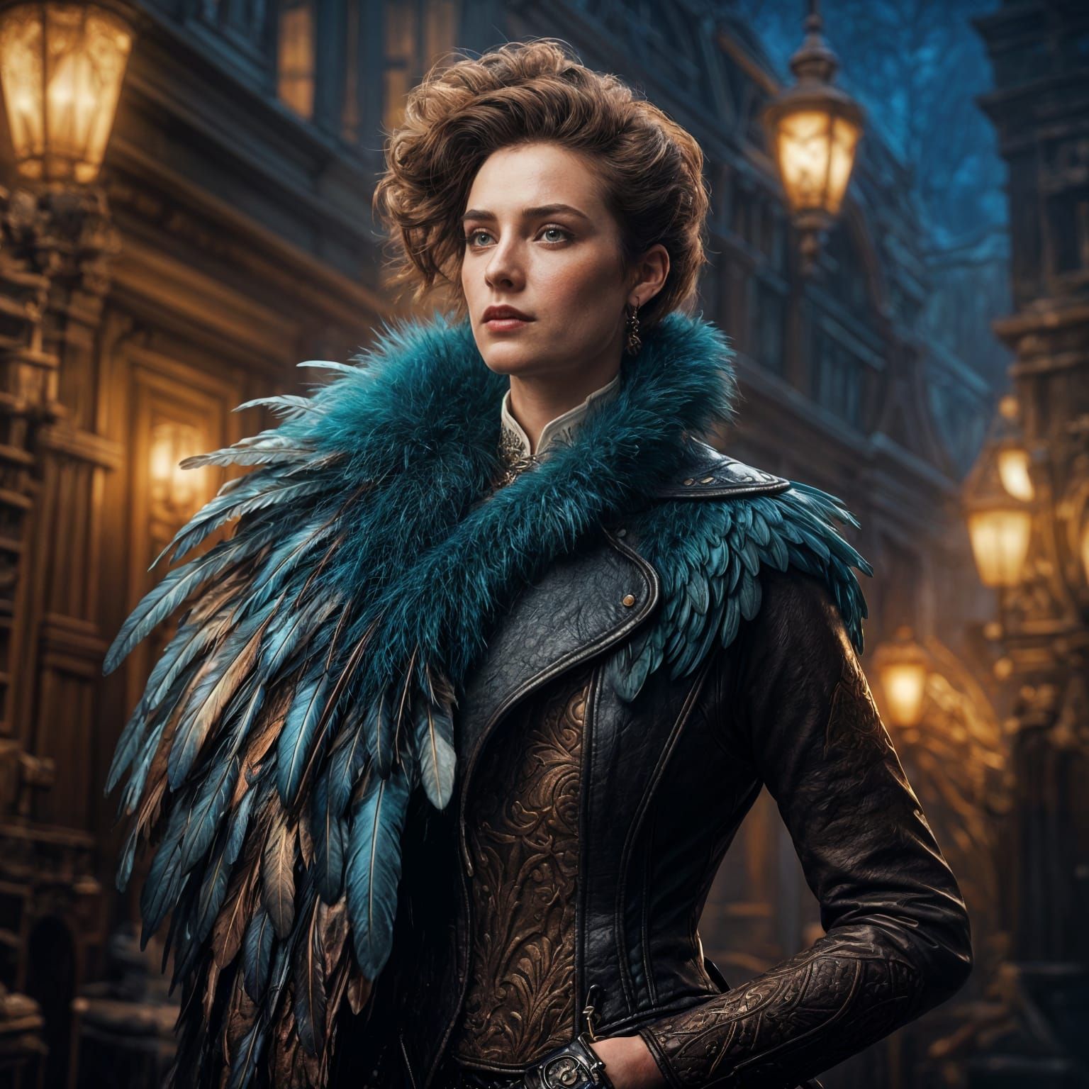 Edwardian Leather Feather Woman: Detailed Matte Painting