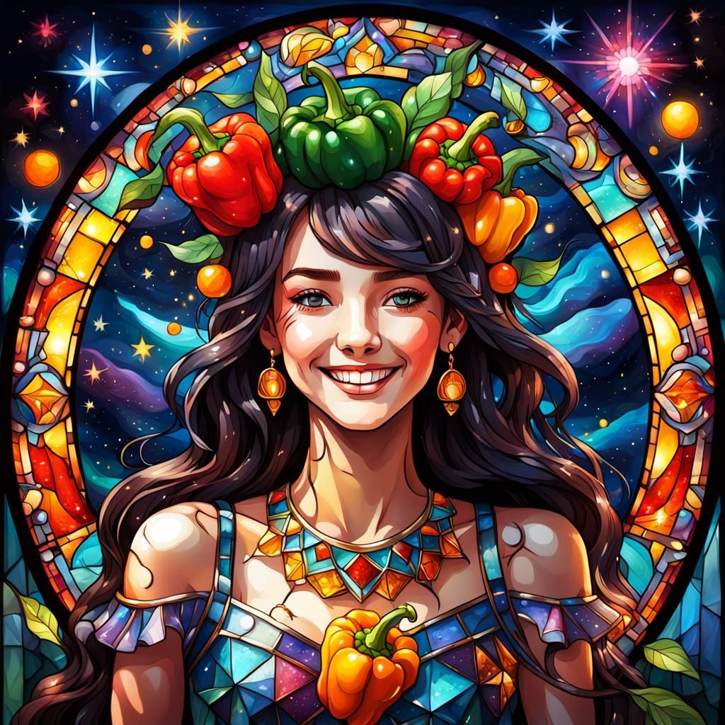 Goddess with Bell Pepper Crown in Stained Glass