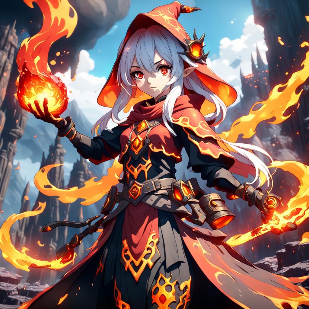 Anime Magma Girl Wizard in Detailed Digital Painting