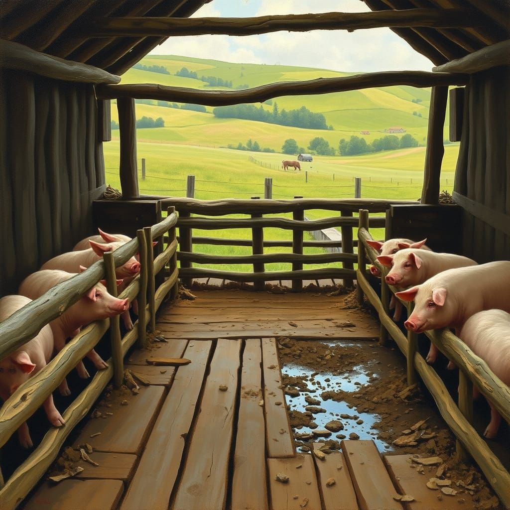 Rustic Pig Sty in Impressionist Style