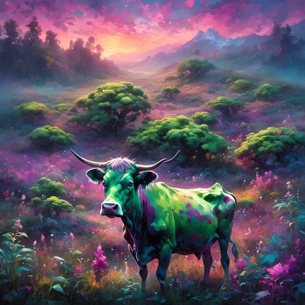 Green and Purple Cow in Marijuana Field at Sunset