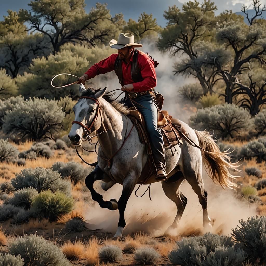 Cowboy Lassoing Steer on Charging Horse: Cinematic Still