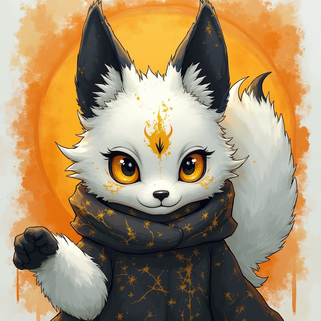 Anthropomorphic Kitsune with Gold Cracks and Piercing Eyes