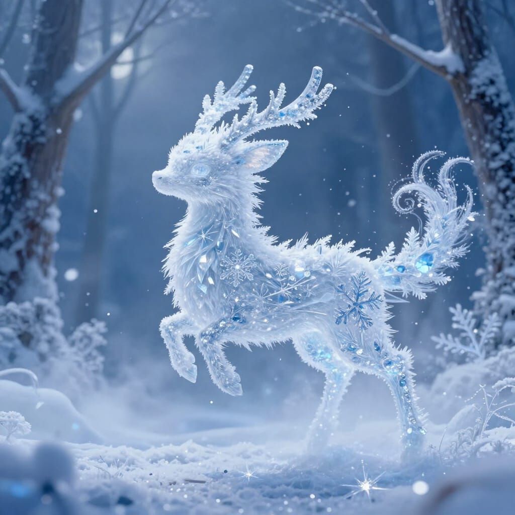Ethereal Snowflake Creature in Moonlit Forest