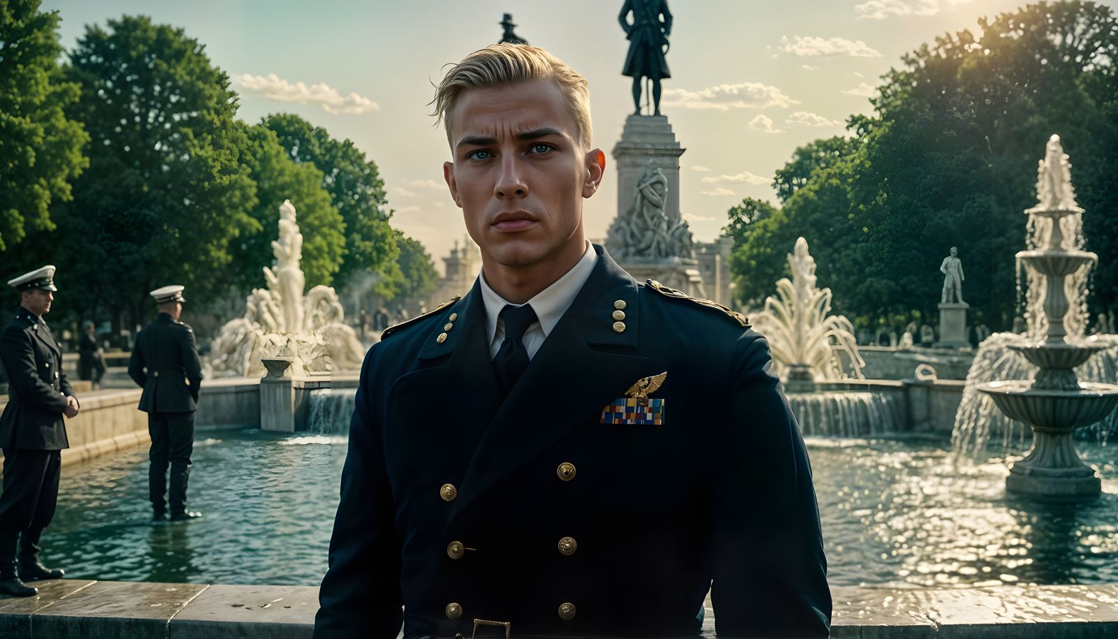 Chiseled Steampunk Sailor Standing Amidst White Marble Fount...