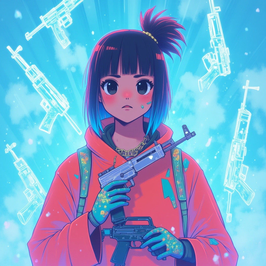 Woman with Graffiti Outfit and Floating Rifles