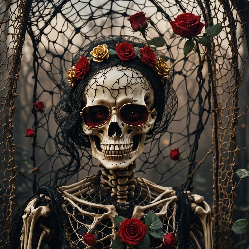 Surreal Skeleton with Roses in Dark Mystical Style