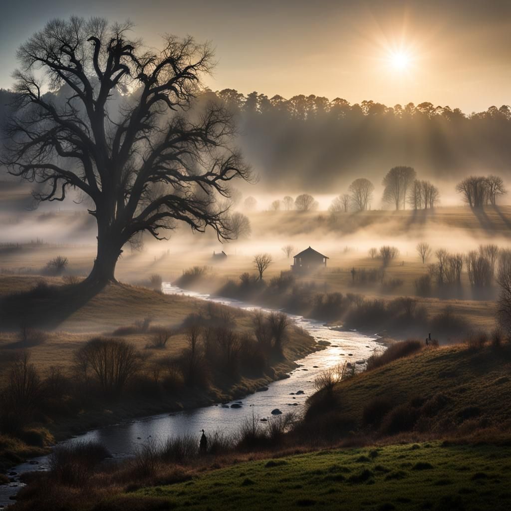 Misty Countryside at Dawn: Atmospheric HDR Photo