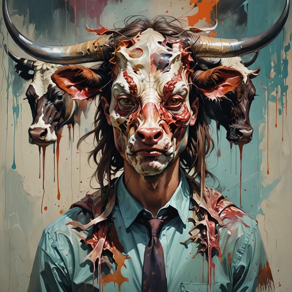 Abstract Portrait with Carcasses in Bold Expressionist Style