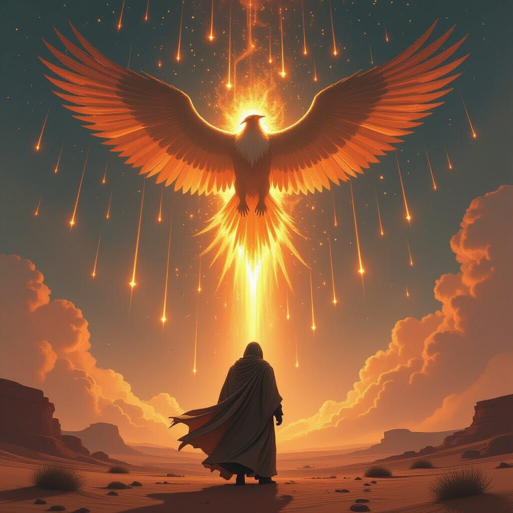 Desert Nomad Under Meteor Storm with Griffin Spirit