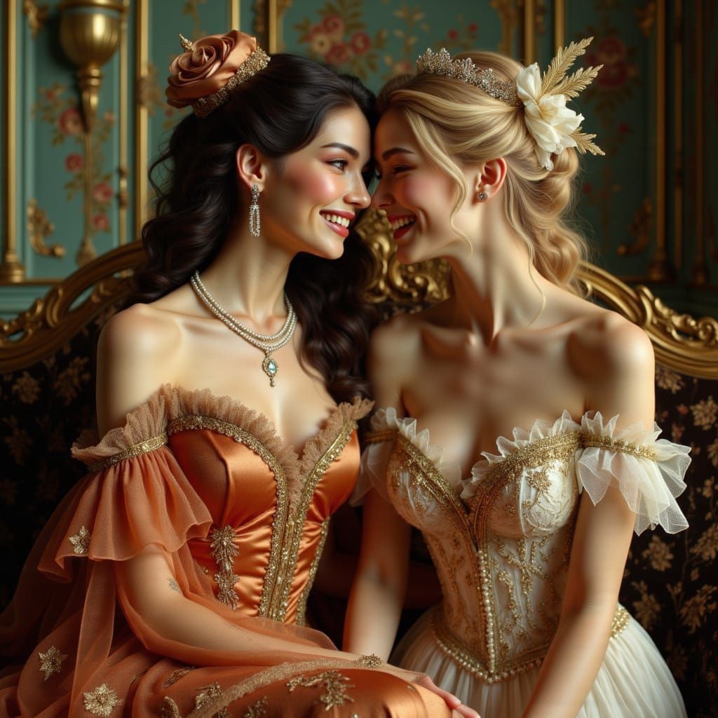 Women Sharing Secrets in Ornate Palace, Art Nouveau Style