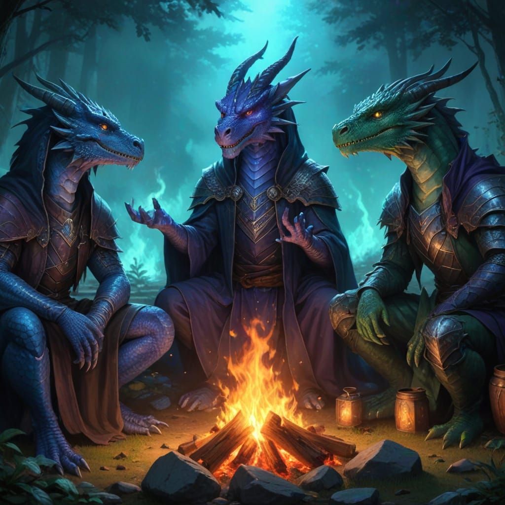 Three Colorful Dragonbourn Gather Around a Warm Fire