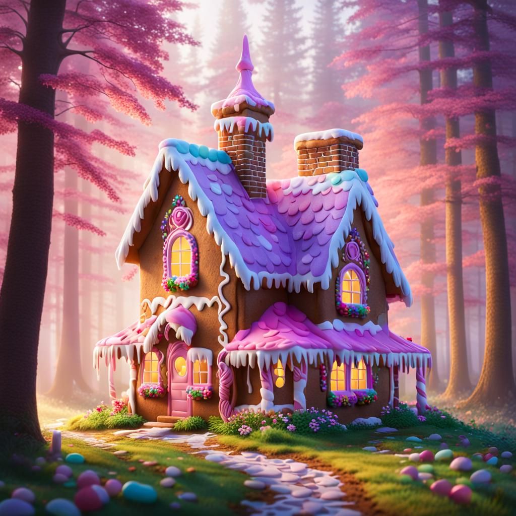 Colorful Gingerbread House in Misty Forest at Dawn
