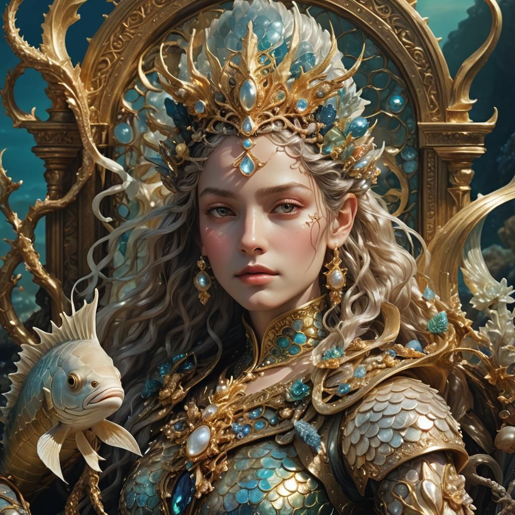 Regal Scaled Creature Enthroned in Underwater Kingdom