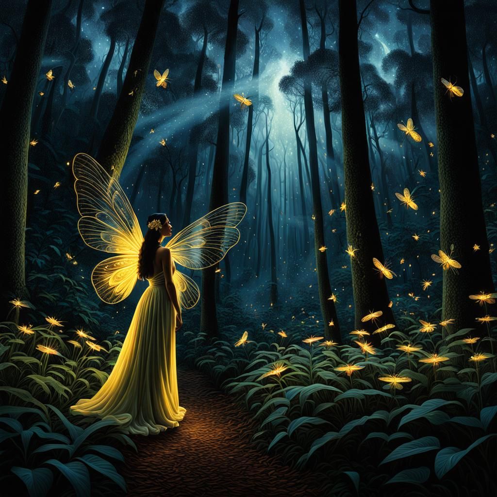 Fireflies Glow in Dark Forest, Hyperrealistic Fantasy