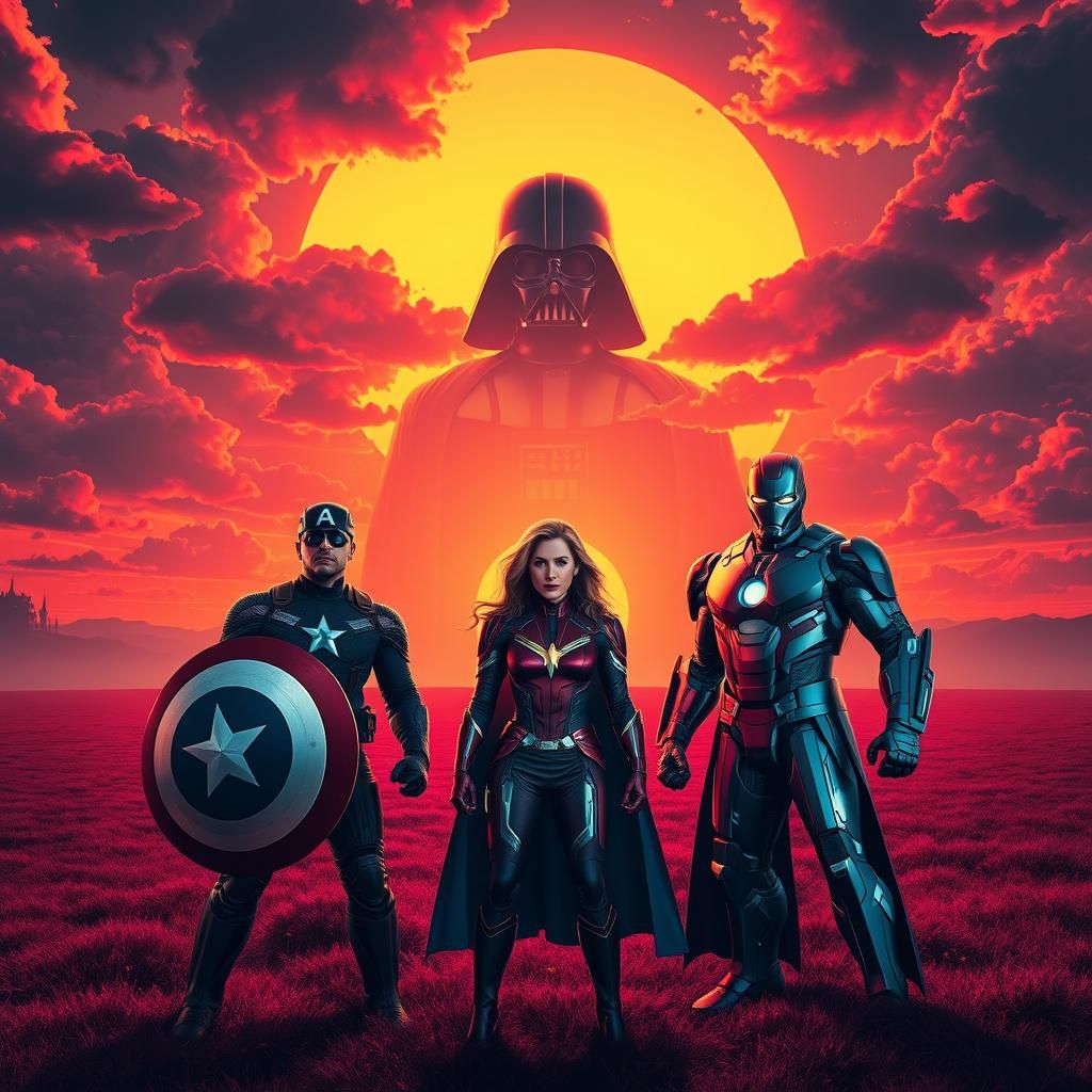 Heroes Confront Vader Statue in Synthwave Sunset