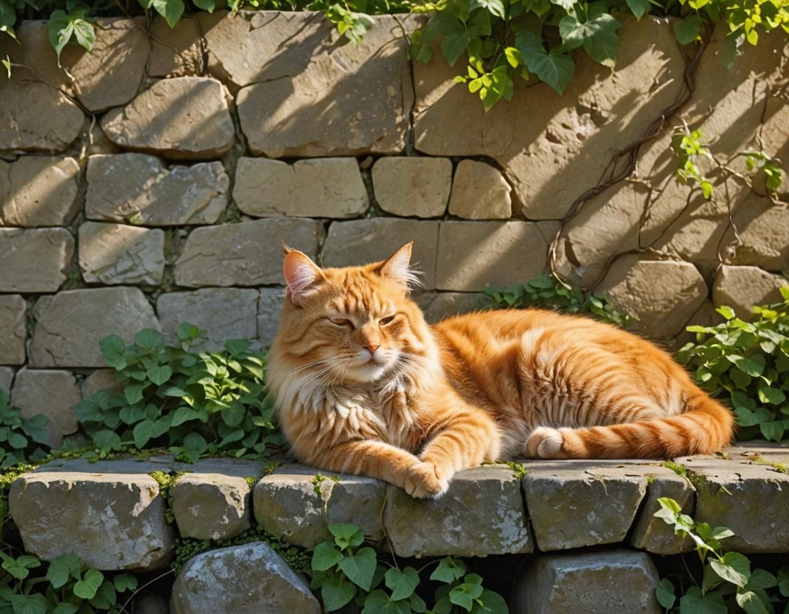 Fluffy Yellow Cat Sleeping in Sunlight