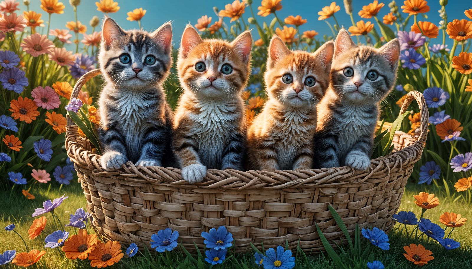 Kittens in Basket: Pixar-Style 3D Digital Art