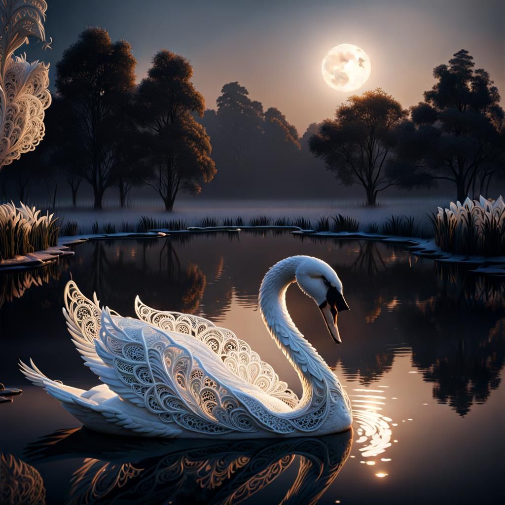 Lace Swan on Moonlit Pond: High Quality CGI