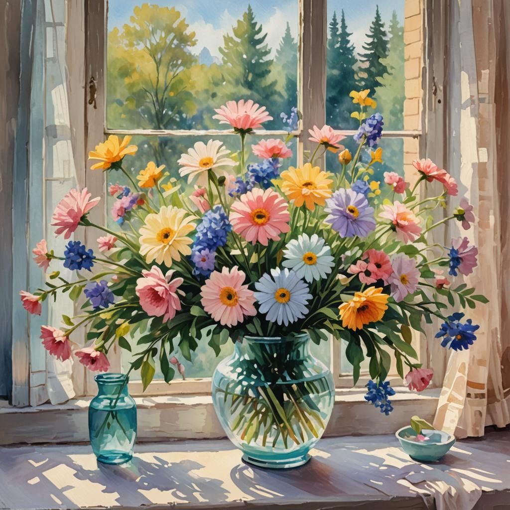 Pastel Flowers in Vase as Gouache Impressionist Painting