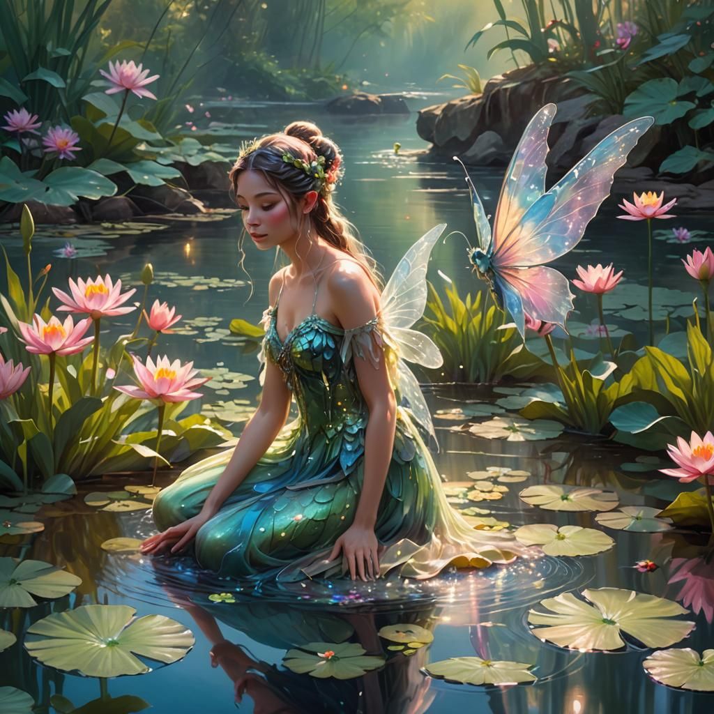 Water Fairy by River with Lily Pads, as Watercolor