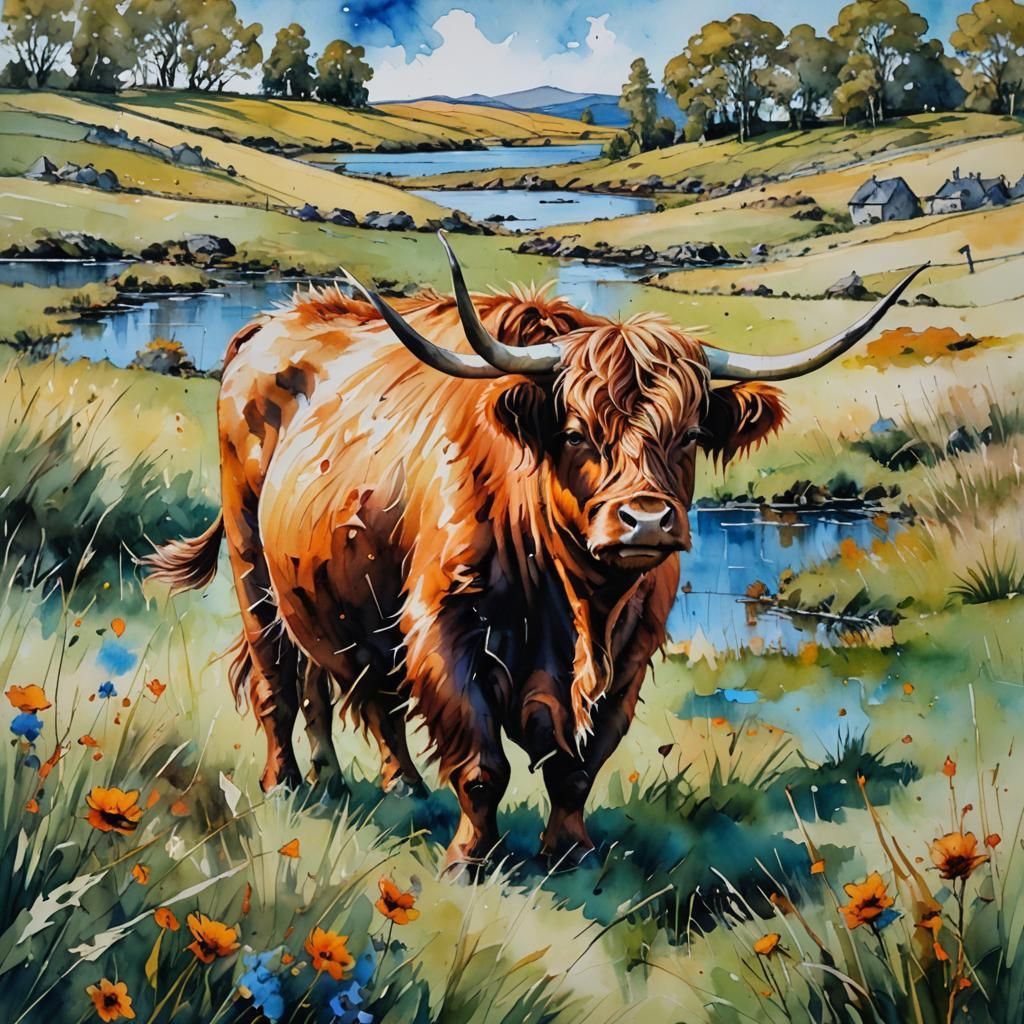 Highland Cow and Calf in Alcohol Ink Style