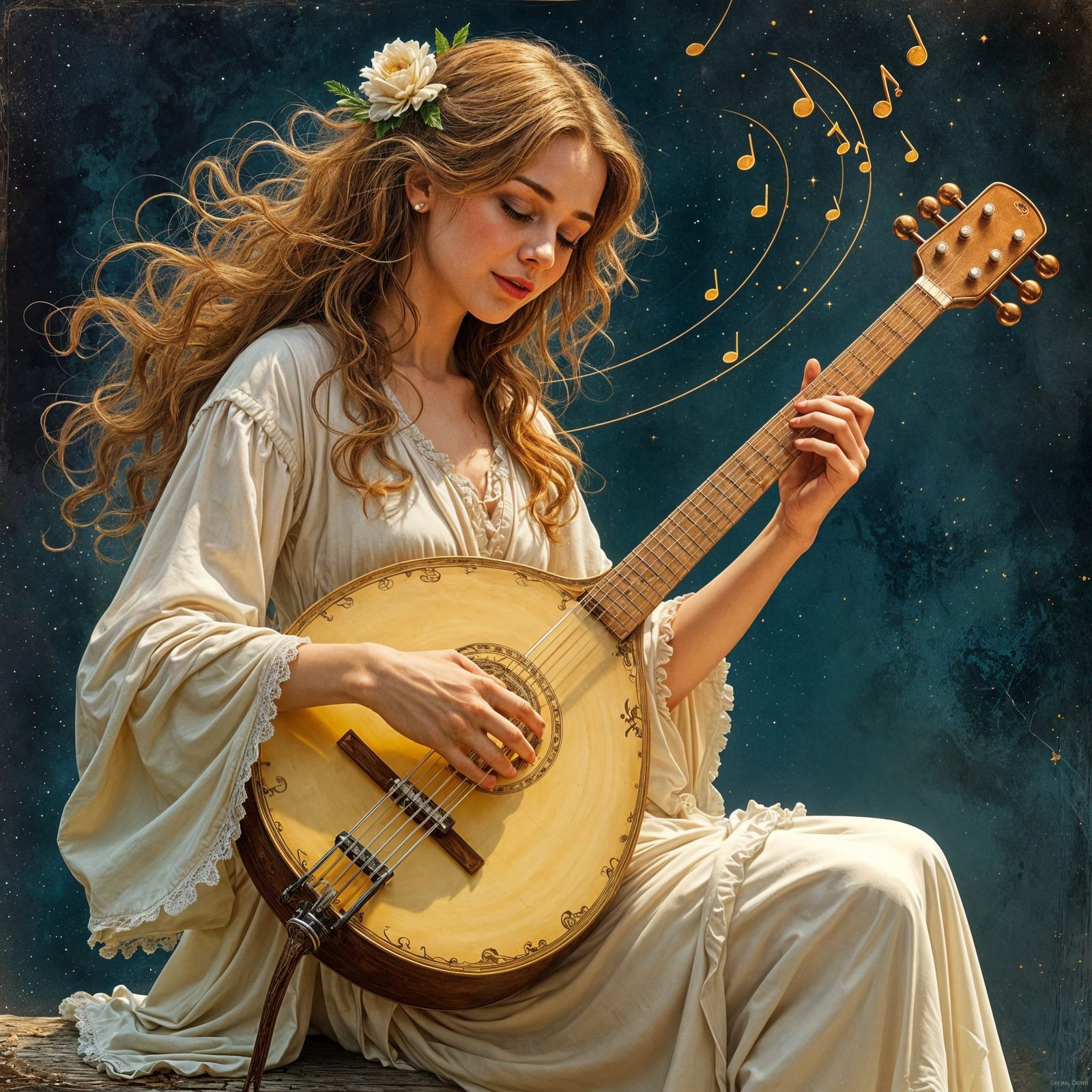 Female Bard Playing Lute with Magical Music Notes