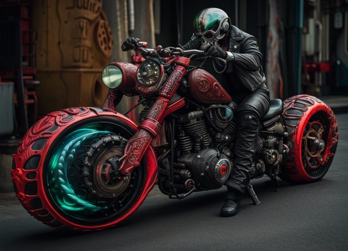 Menacing Alien Biker Outlaw on Custom Chopper