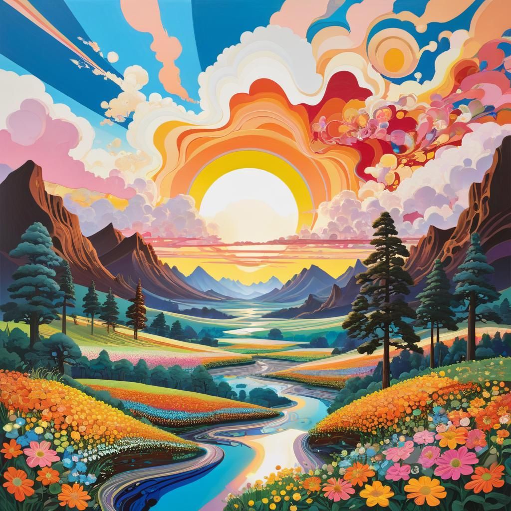 Cel-Shaded Sunset Landscape in Abstract Style
