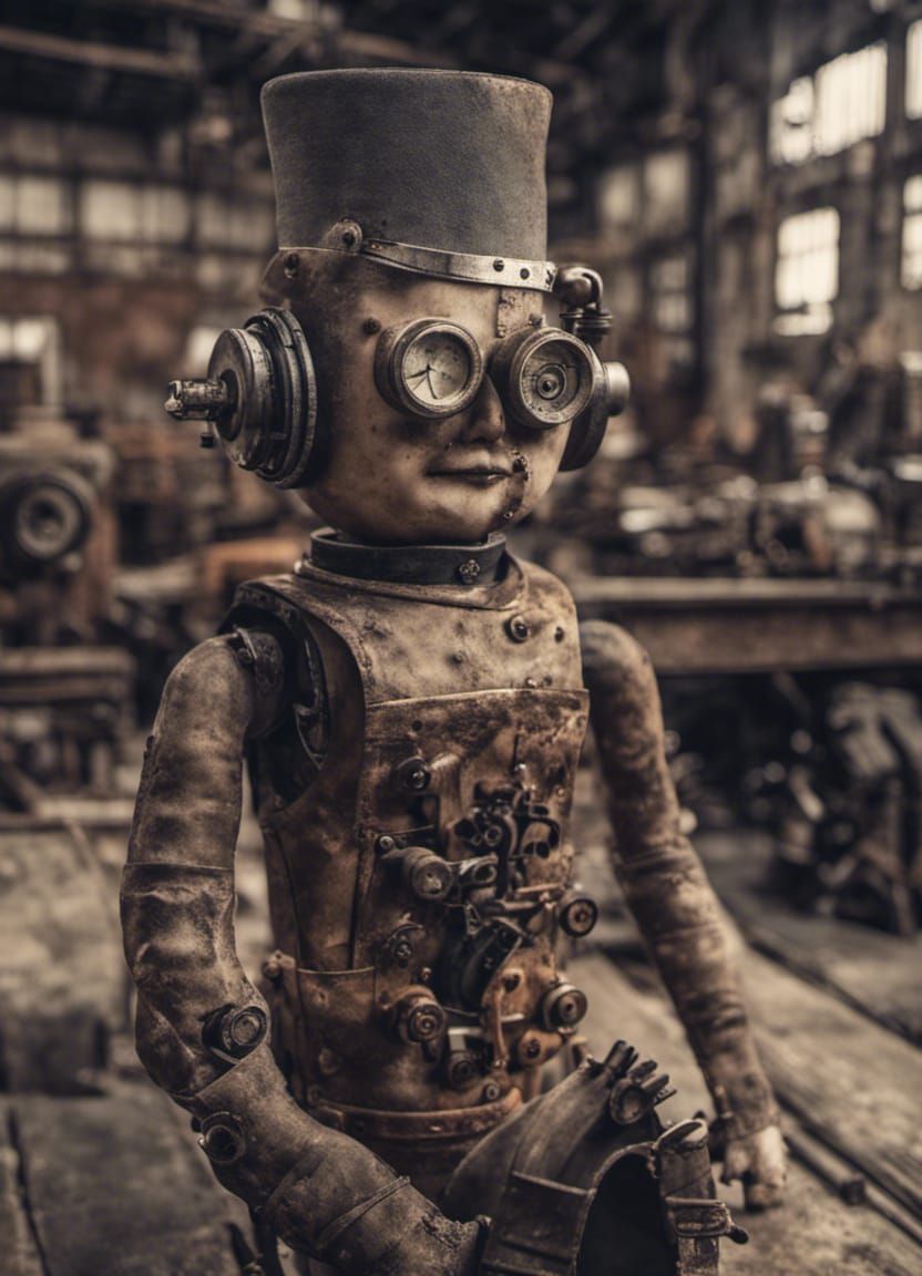 Creepy Male Doll in Steampunk Factory