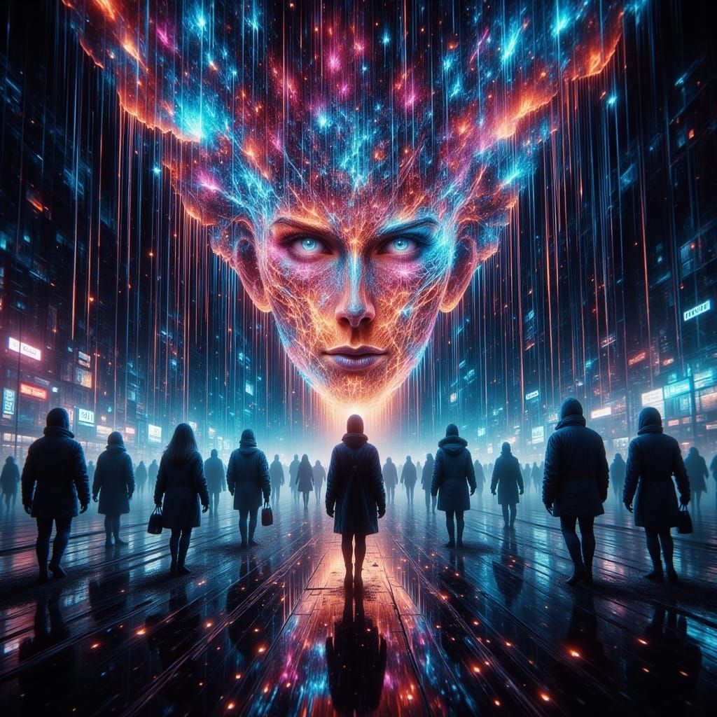 Androids in Fiery Megalopolis, Cyberpunk Style