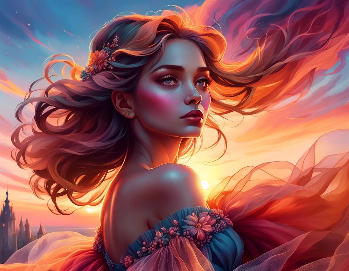 Sunset Ballgown Portrait in Digital Art Style