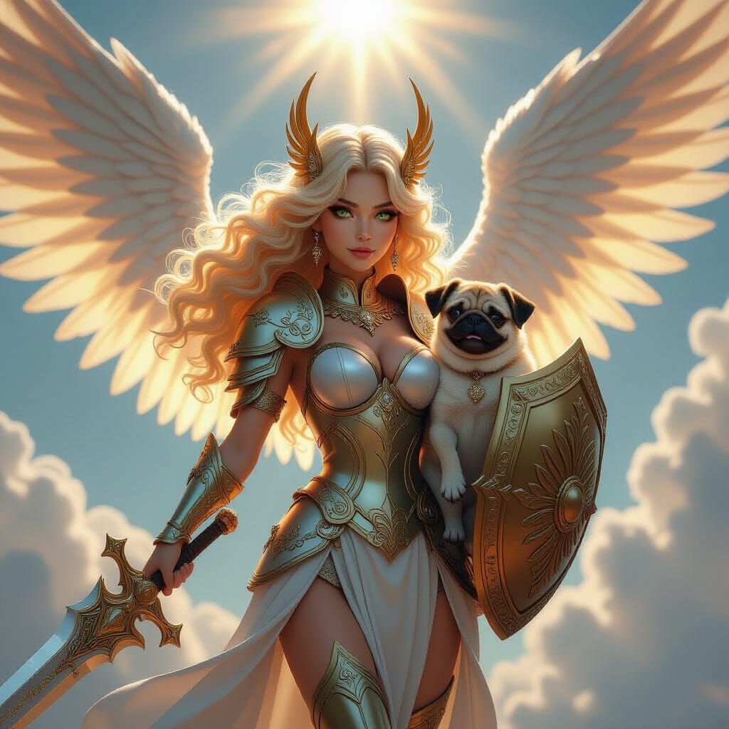 Valkyrie Descends with Pug: Hyperrealistic Anime Art