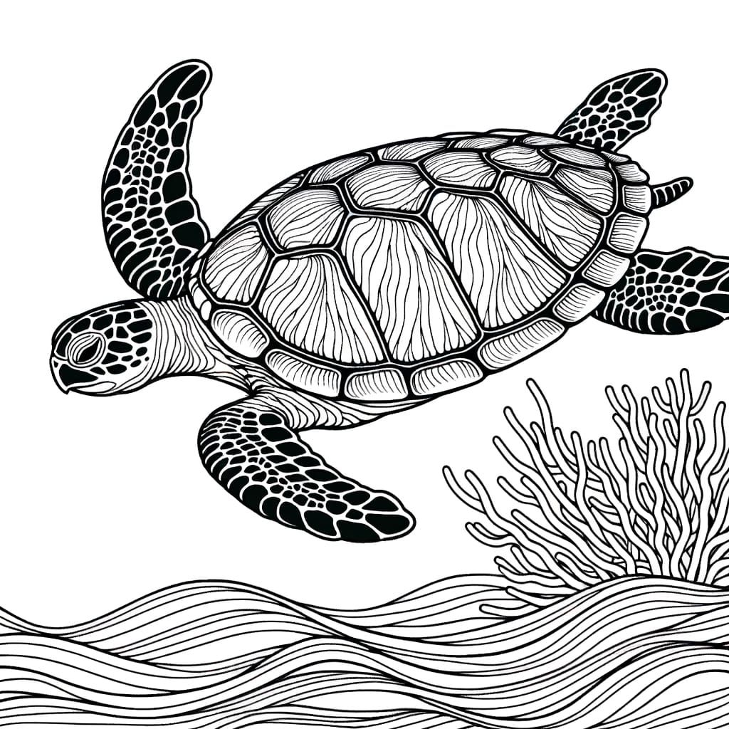 Turtle Swimming: Coloring Page with Bold Black Outlines