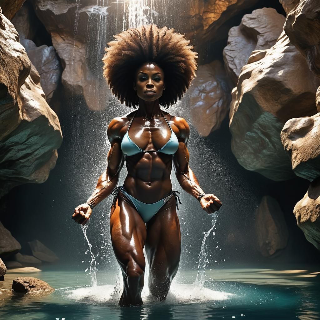 Hyper-Realistic Bodybuilder Emerges from Grotto in Cinematic...