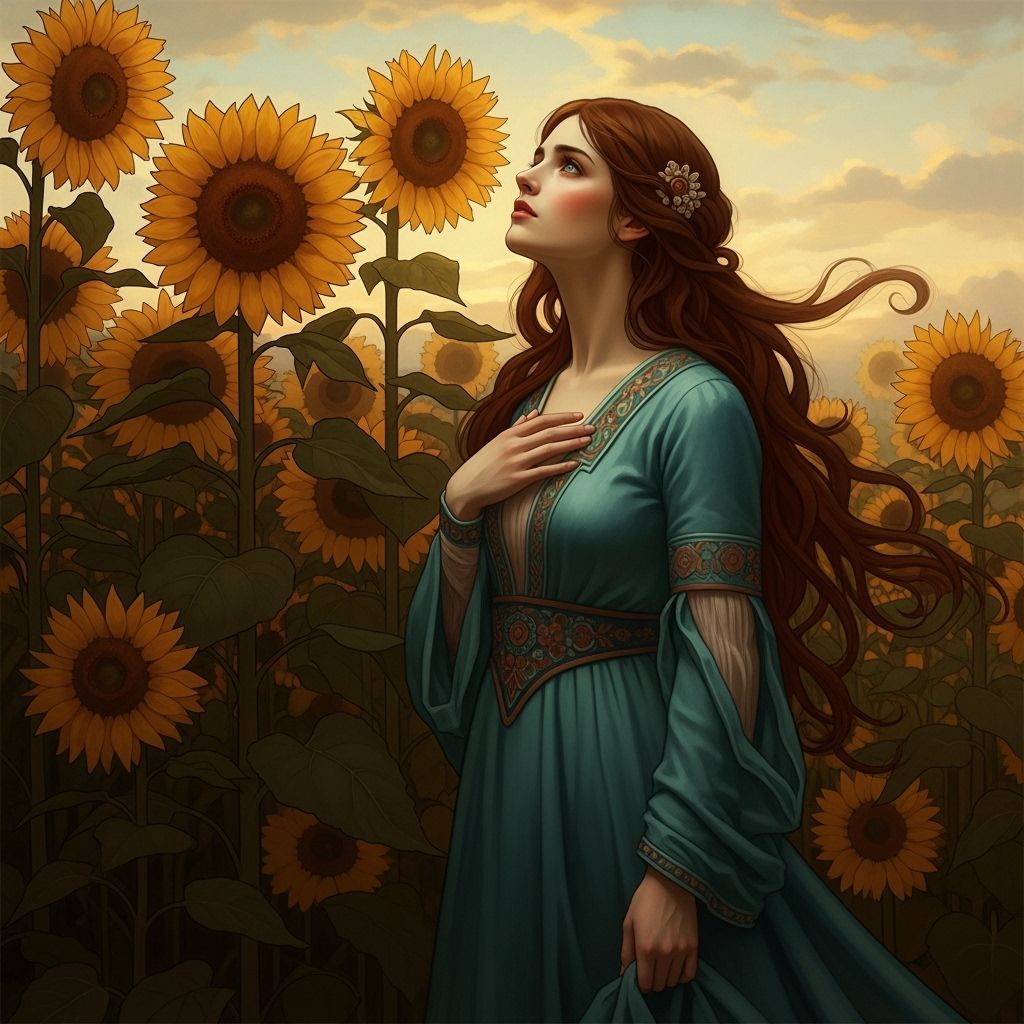 Woman in Sunflower Field: Pre-Raphaelite Style