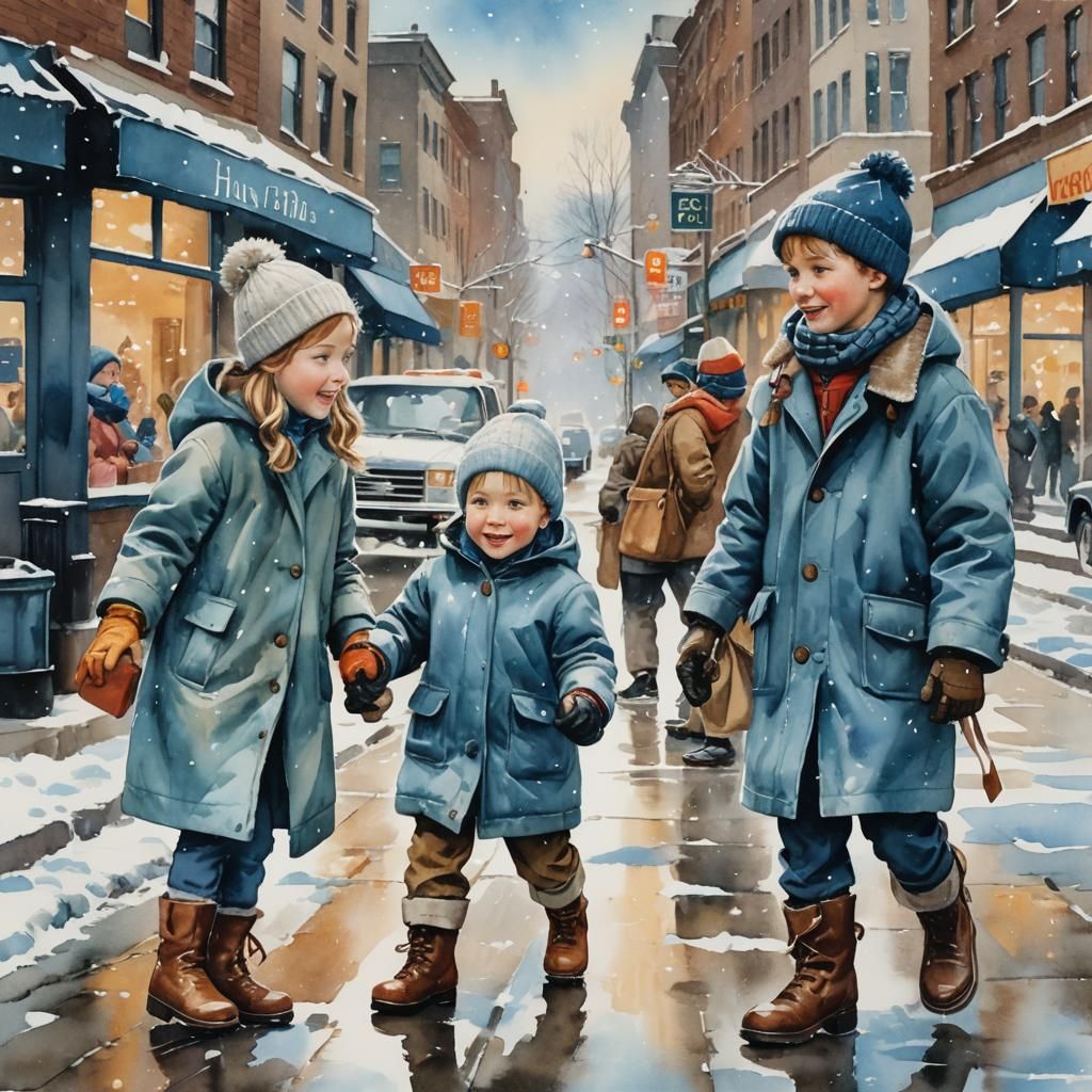 Children Play in Snowy City: Watercolor Folk Art