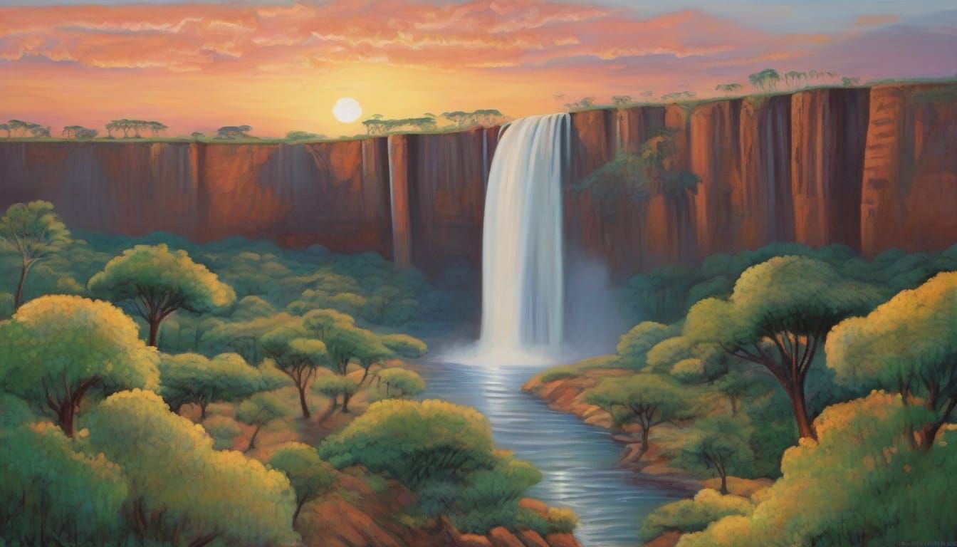 Dreamy Victoria Falls in Vibrant Gouache