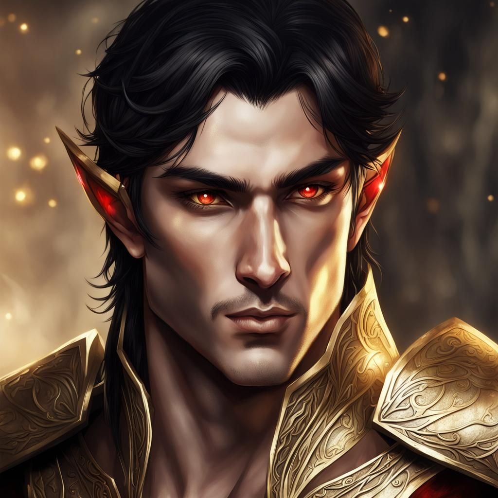 Handsome Golden-Skinned Elf with Red Eyes