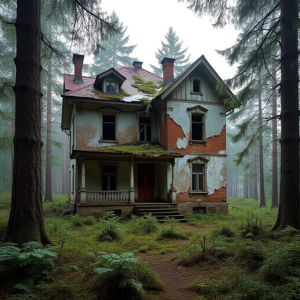 Abandoned House with Crumbling Walls in Overgrown Forest